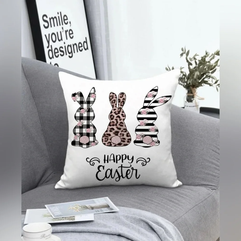Seasonal Pillow Cover Easter Bunny Rabbit Zip Closure 17.7 In Square Black White